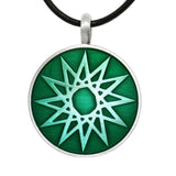 Magic Star Necklace - Pewter Magic Star Vibrant Green Round Celestial Success Pendant on Black Leather Cord Necklace