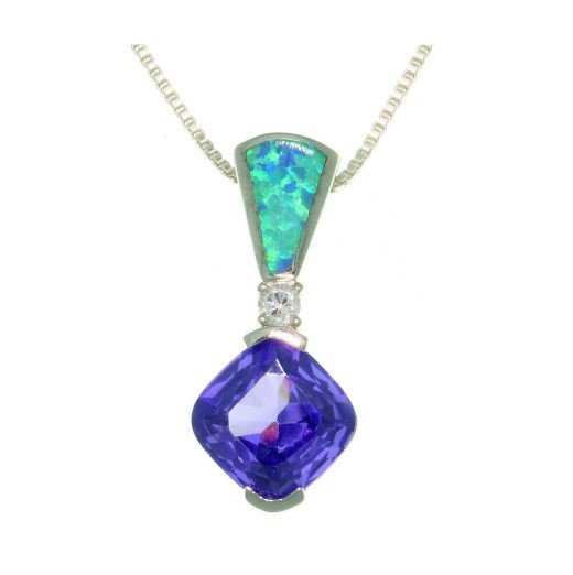 Opal Necklace - Sterling Silver Created Blue Opal with Amethyst Purple CZ Elegant Pendant on 18 Inch Box Chain Necklace