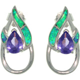 Opal Earrings - Sterling Silver Created Opal and Amethyst Purple CZ Double Teardrop Post Earrings