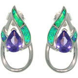 Opal Earrings - Sterling Silver Created Opal and Amethyst Purple CZ Double Teardrop Post Earrings