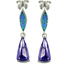 Opal Earrings - Sterling Silver Created Blue Opal Modern Dangle Earrings with Amethyst Purple CZ Stones