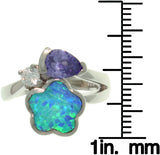 Opal Ring - Sterling Silver Created Blue Opal and Purple and Clear Cubic Zirconia Flower Embrace Ring 5, 6, 7, 8, 9, 10