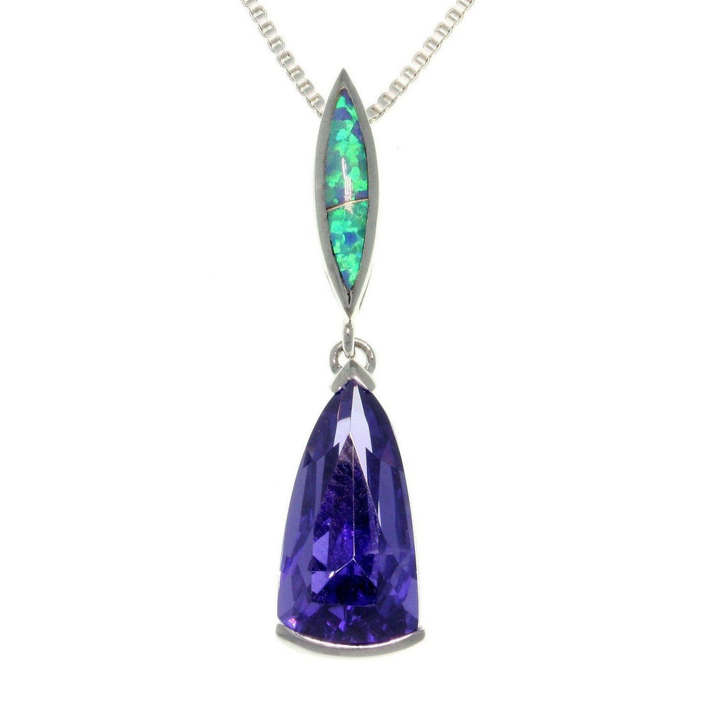 Opal Necklace - Sterling Silver Created Blue Opal Linear Pendant with Amethyst Purple CZ on Box Chain Necklace