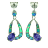 Opal Earrings - Sterling Silver Created Blue Opal with Amethyst Purple CZ Teardrop Dangle Earrings