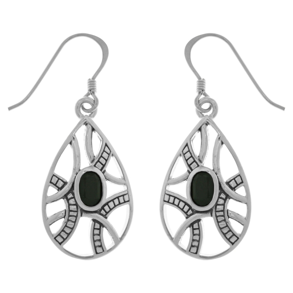 Contemporary Silver Earrings Teardrop Silver Plated Bronze with Black Onyx Gems