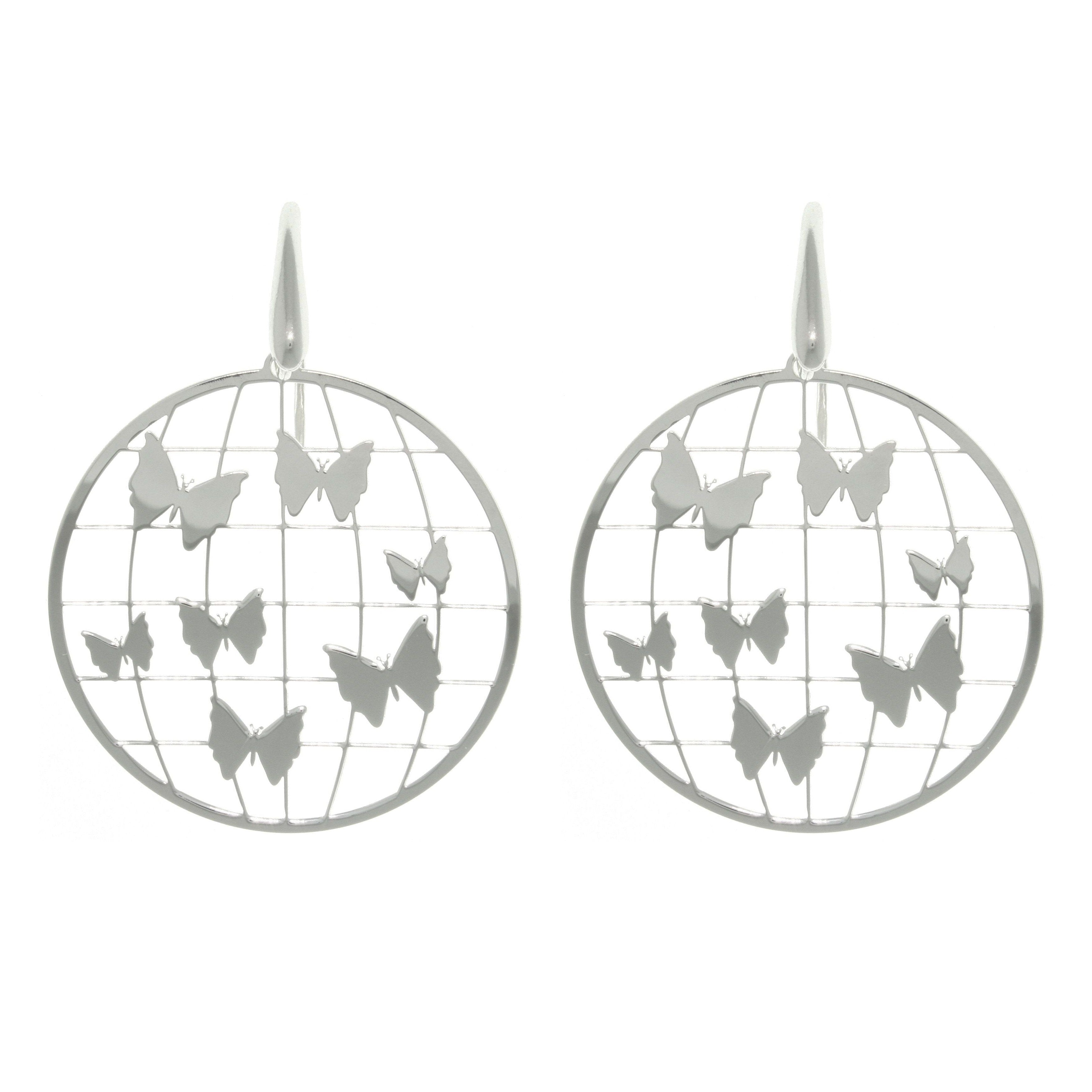 Large Butterfly Earrings - Sterling Silver Multi Butterfly Laser Cut Round Dangle Earrings