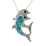 Opal Necklace - Sterling Silver Created Blue Opal with CZ Playful Dolphins Pendant with 18 Inch Box Chain Necklace