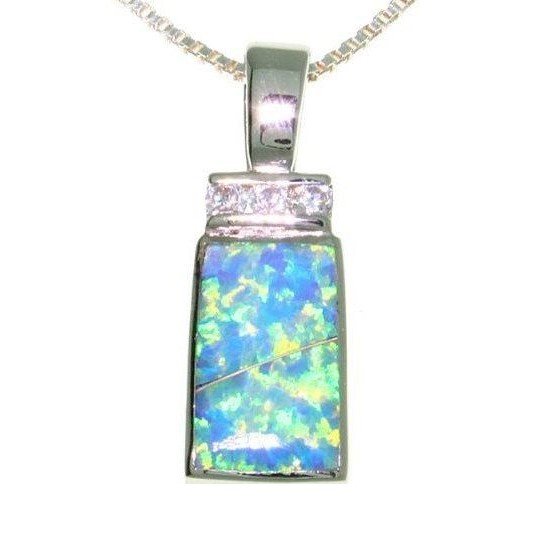 Opal Necklace - Sterling Silver Created Blue Opal and Clear Cubic Zirconia Rectangle Pendant with Chain Necklace