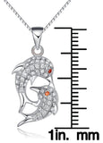 Dolphin Necklace - Sterling Silver Double Dolphin Mother and Baby CZ Crystal Pendant on 18 Inch Box Chain Necklace