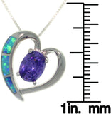 Opal Necklace - Sterling Silver Created Opal and Amethyst Purple CZ Heart Pendant on Box Chain Necklace Prom Jewelry