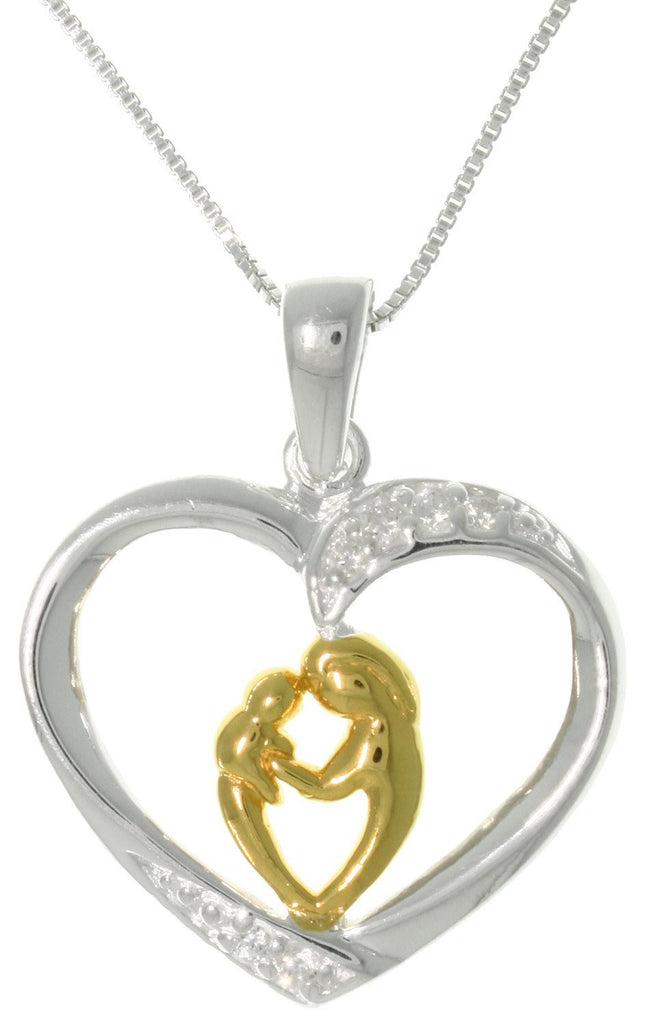 Sterling Silver CZ Pave Heart Pendant with 18k Yellow-gold Bonded Mother and Child on 18" Box Chain Necklace