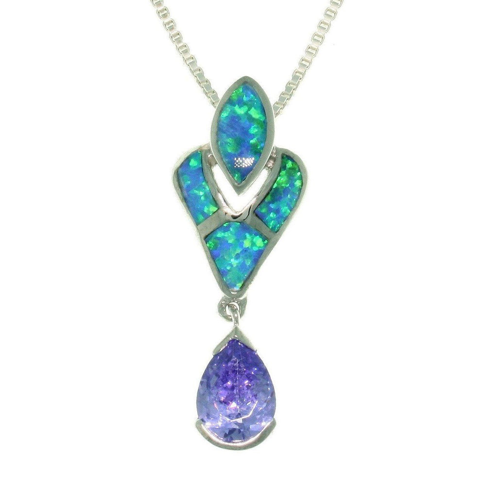 Opal Necklace - Sterling Silver Created Blue Opal Victorian Pendant with Amethyst Purple CZ on 18 Inch Box Chain Necklace