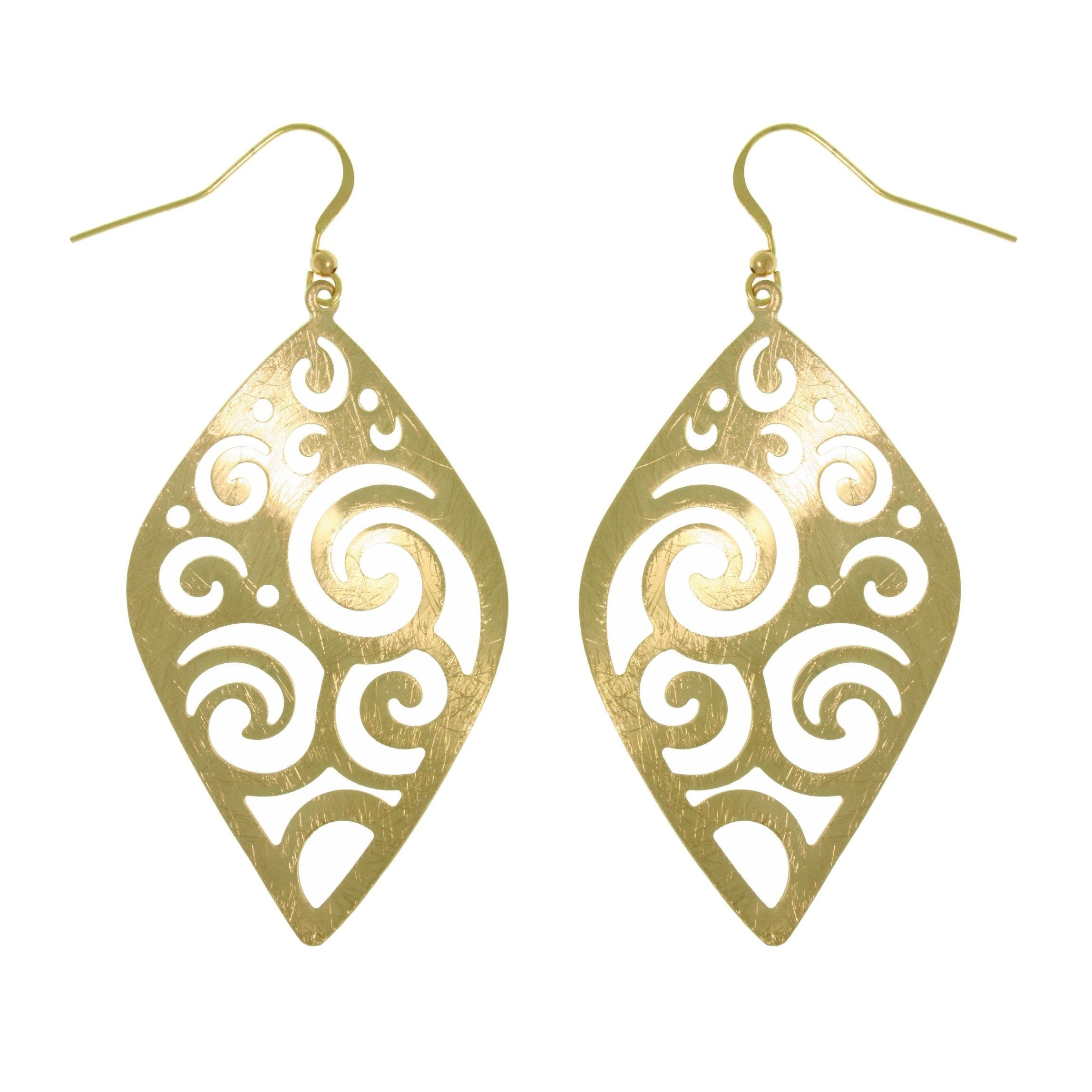 Swirl Earrings - Goldtone Brass Weightless Large Diamond Shaped Wavy Filigree Swirl Dangle Earrings Fashion Jewelry