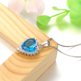 CZ Heart Necklace - Sterling Silver Blue CZ Heart Pendant with Clear CZ Crystals on Box Chain Necklace