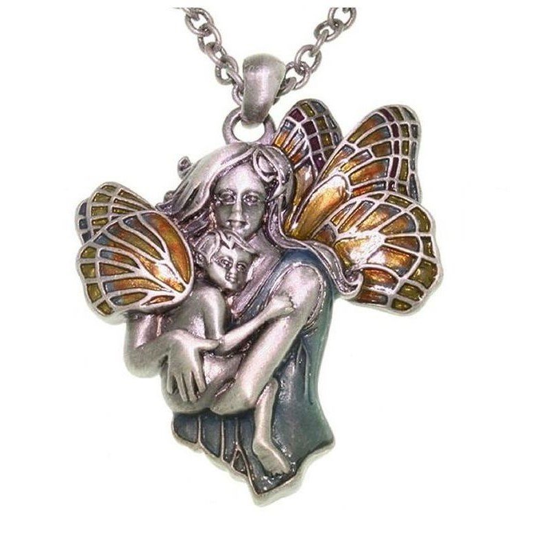 Butterfly Fairy Necklace - Mother and Baby Pewter Butterfly Fairy Pendant on 23 Inch Chain Necklace Artwork by Jody Bergsma