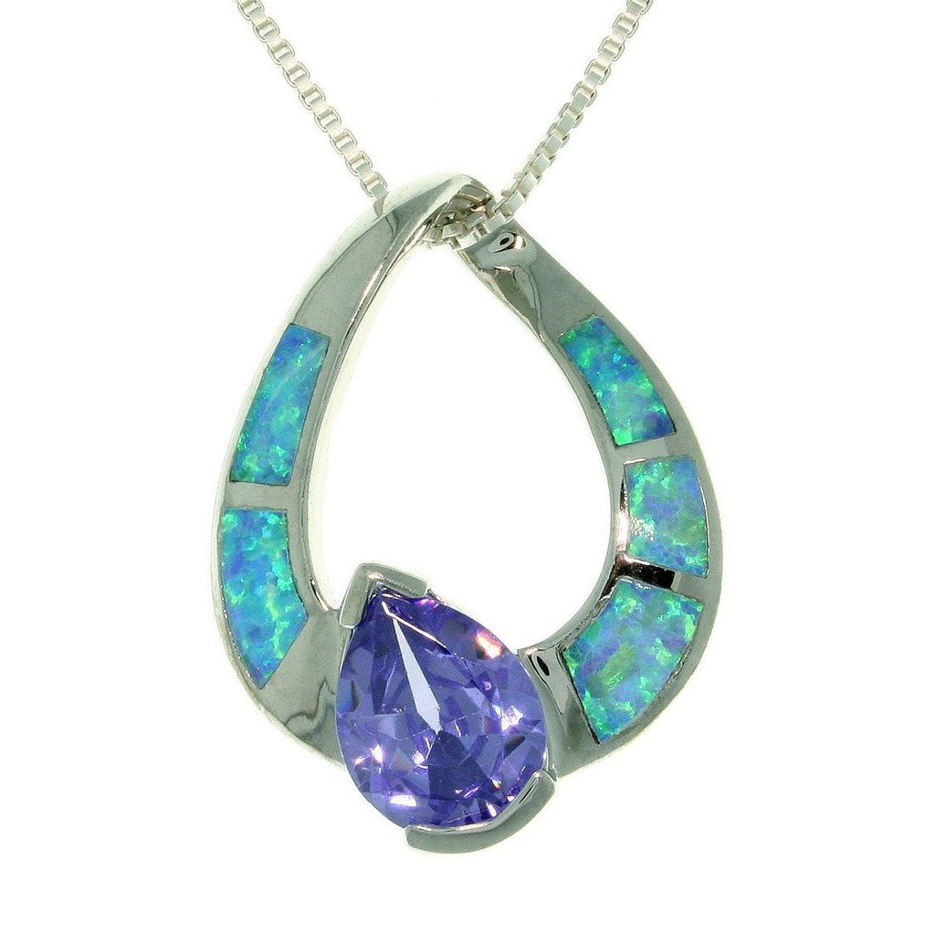 Opal Necklace - Sterling Silver Created Blue Opal Pear Shaped Pendant with Amethyst Purple CZ on 18 Inch Box Chain Necklace