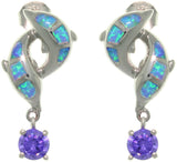 Opal Dolphin Earrings - Sterling Silver Created Blue Opal and Purple Cubic Zirconia Double Dolphin Drop Earrings