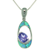 Opal Necklace - Sterling Silver Created Blue Opal and Amethyst Purple CZ Oval Pendant with 18 Inch Box Chain Necklace