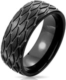 Black Ring - Stainless Steel Black IP Grooved Tread Pattern Band Ring