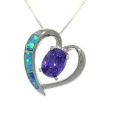 Opal Necklace - Sterling Silver Created Opal and Amethyst Purple CZ Heart Pendant on Box Chain Necklace Prom Jewelry