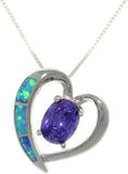 Opal Necklace - Sterling Silver Created Opal and Amethyst Purple CZ Heart Pendant on Box Chain Necklace Prom Jewelry