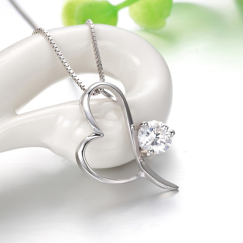 CZ Heart Necklace - Sterling Silver Open Heart Pendant with CZ Crystal on 18 Inch Box Chain Necklace