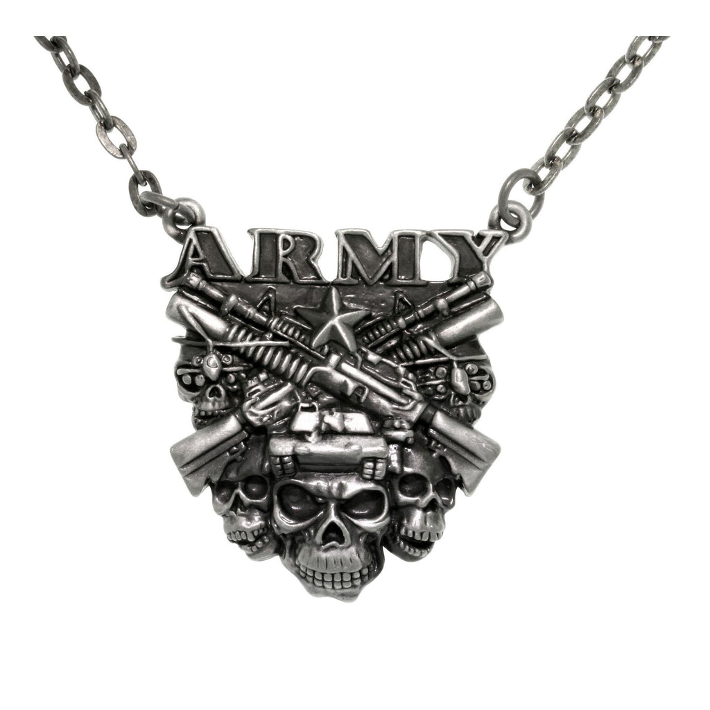 Army Necklace - Pewter Army Insignia with Skulls Pendant on 23 Inch Chain Necklace