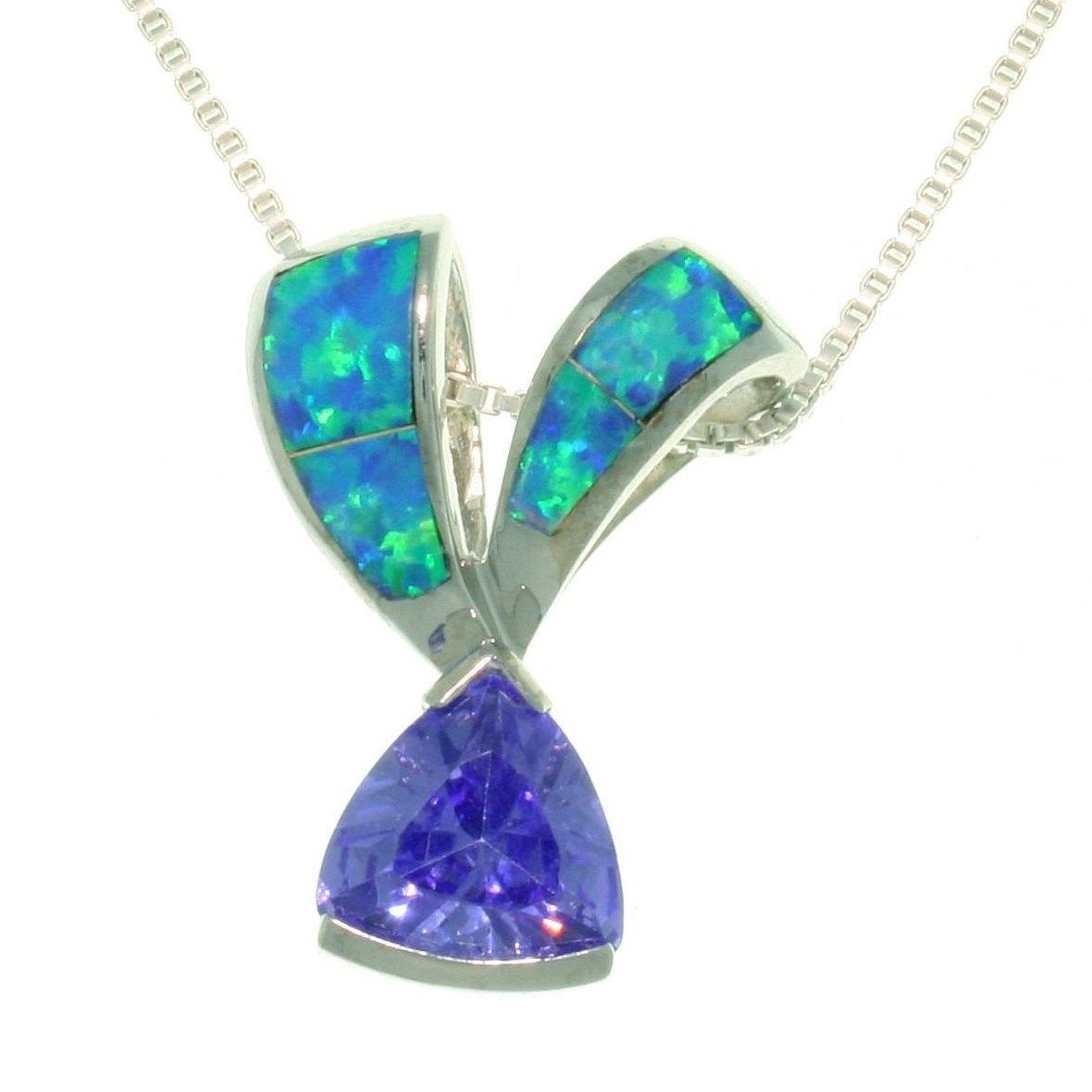 Opal Necklace - Sterling Silver Created Blue Opal and Amethyst Purple CZ Ribbon Pendant on 18 Inch Box Chain Necklace