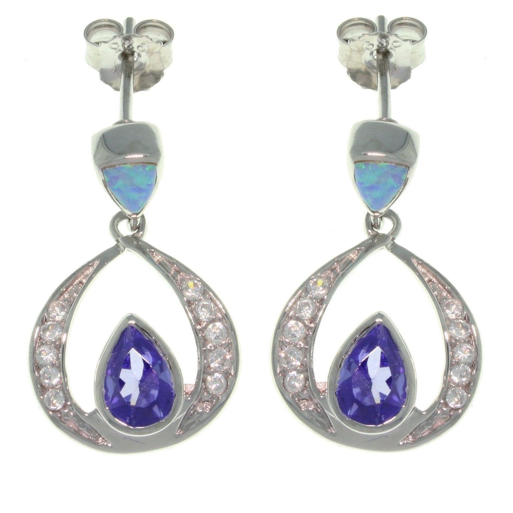 Opal Earrings - Sterling Silver Created Blue Opal with Clear and Amethyst Purple CZ Teardrop Dangle Earrings