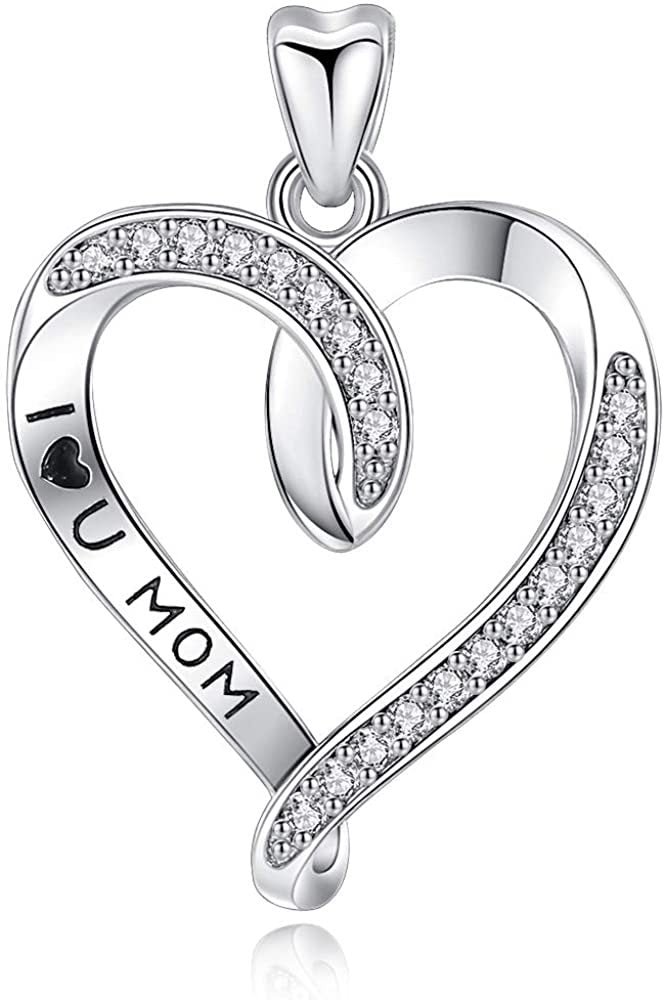 Jewelry Trends Heart with Pave CZ Love You Mom Message Sterling Silver Pendant Necklace 18"