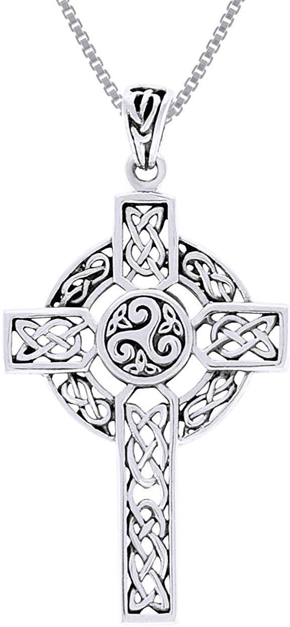 Jewelry Trends Sterling Silver Celtic Trinity Triskele Cross Pendant on 18 Inch Box Chain Necklace
