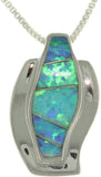 Opal Necklace - Sterling Silver Created Blue Opal Curved Half-hoop Design Pendant with 18 Inch Box Chain Necklace