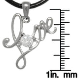 LOVE Necklace - Stainless Steel CZ Crystal Love Word Sentiment Pendant on Black Leather Necklace