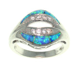 Opal Ring - Sterling Silver Created Blue Opal and Clear Cubic Zirconia Sculpted Kiss Ring 5, 6, 7, 8, 9, 10
