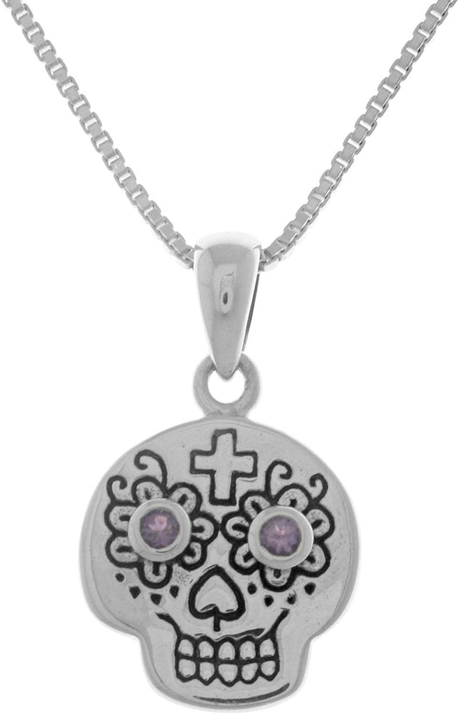 Jewelry Trends Sterling Silver Small Voodoo Skull Pendant with Amethyst on 18 Inch Box Chain Necklace
