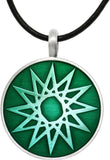 Magic Star Necklace - Pewter Magic Star Vibrant Green Round Celestial Success Pendant on Black Leather Cord Necklace