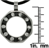 Crystal Ring Necklace - Stainless Steel Circle Pendant with Black and Clear Rhinestone Crystals on Black Leather Cord Necklace