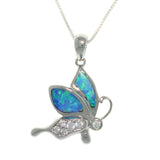 Opal Necklace - Sterling Silver Created Opal and CZ Playful Butterfly Pendant with 18 Inch Box Chain Necklace