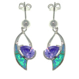 Opal Earrings - Sterling Silver Created Blue Opal and Purple Cubic Zirconia Dangle Earrings