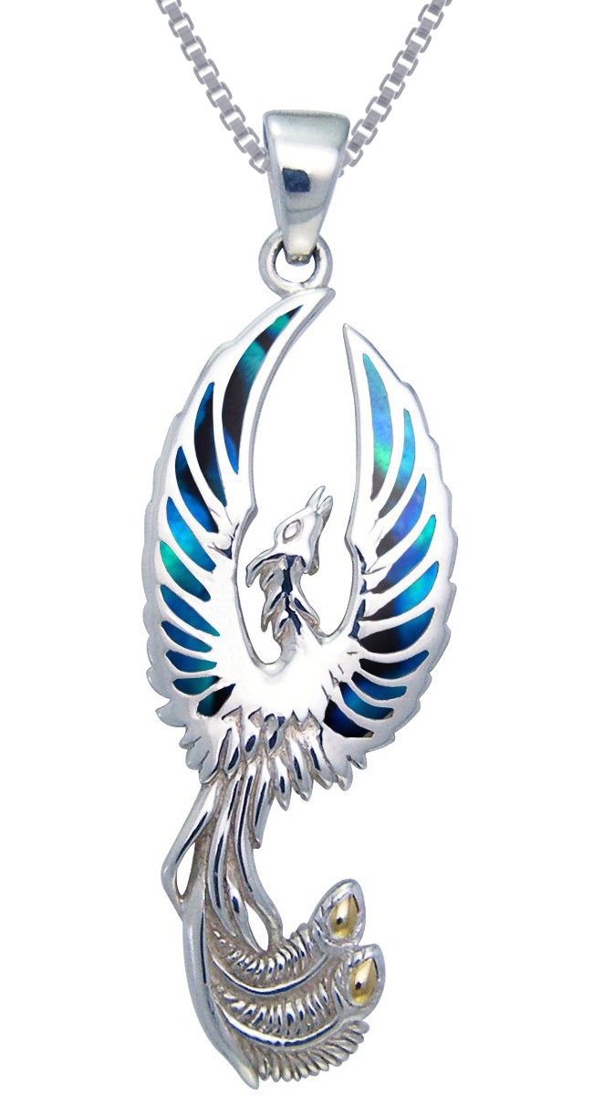 Jewelry Trends Flying Phoenix Fire Bird Sterling Silver Pendant Necklace 18" Paua Shell Wings
