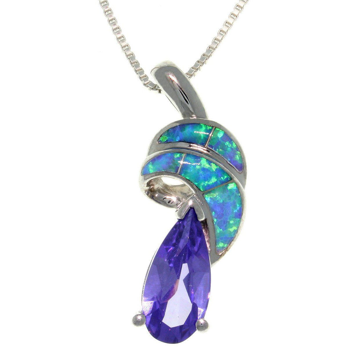 Opal Necklace - Sterling Silver Created Blue Opal Swirl Pendant with Amethyst Purple CZ on 18 Inch Box Chain Necklace
