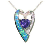 Opal Heart Necklace - Sterling Silver Created Blue Opal Double Heart Pendant with Clear and Amethyst Purple CZ Cubic Zirconia on 18" Chain Necklace