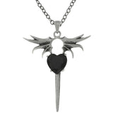 Dragon Wing Necklace - Pewter Black Crystal Heart with Wings Pendant on Chain Link Necklace