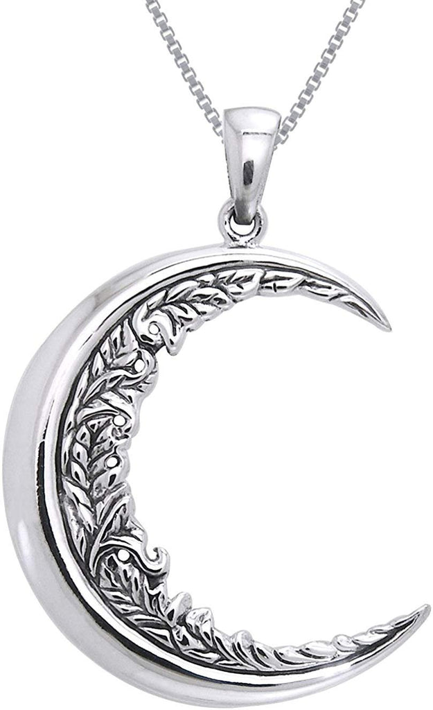 Jewelry Trends Sterling Silver Large Floral Leaf Crescent Moon Pendant on 18 Inch Box Chain Necklace