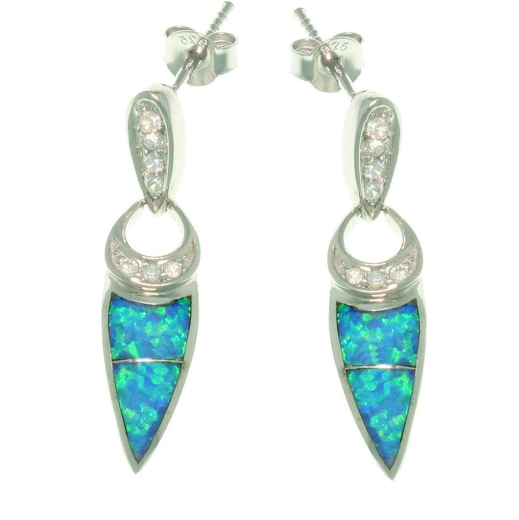 Opal Earrings - Sterling Silver Created Blue Opal with Pave Clear Cubic Zirconia CZ Pendulum Dangle Earrings
