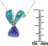 Opal Necklace - Sterling Silver Created Blue Opal and Amethyst Purple CZ Ribbon Pendant on 18 Inch Box Chain Necklace