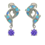 Opal Dolphin Earrings - Sterling Silver Created Blue Opal and Purple Cubic Zirconia Double Dolphin Drop Earrings