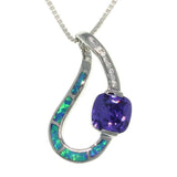 Opal Necklace - Sterling Silver Created Blue Opal Teardrop Pendant with Pave Clear and Amethyst Purple CZ on Chain Necklace