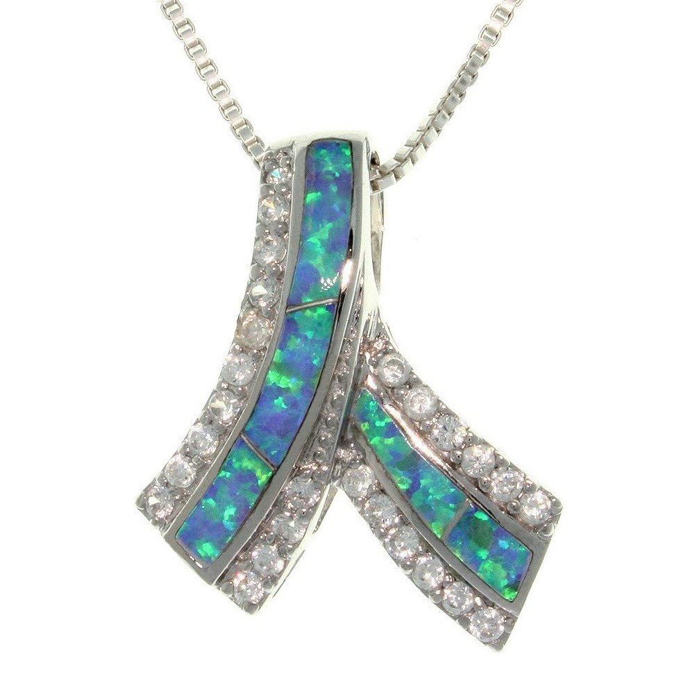 Opal Necklace - Sterling Silver Created Blue Opal and Clear Cubic Zirconia Glittering Ribbon Pendant with Box Chain Necklace