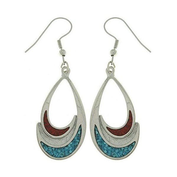 Turquoise Earrings - Pewter Teardrop Dangle Earrings with Created Turquoise and Red Stone